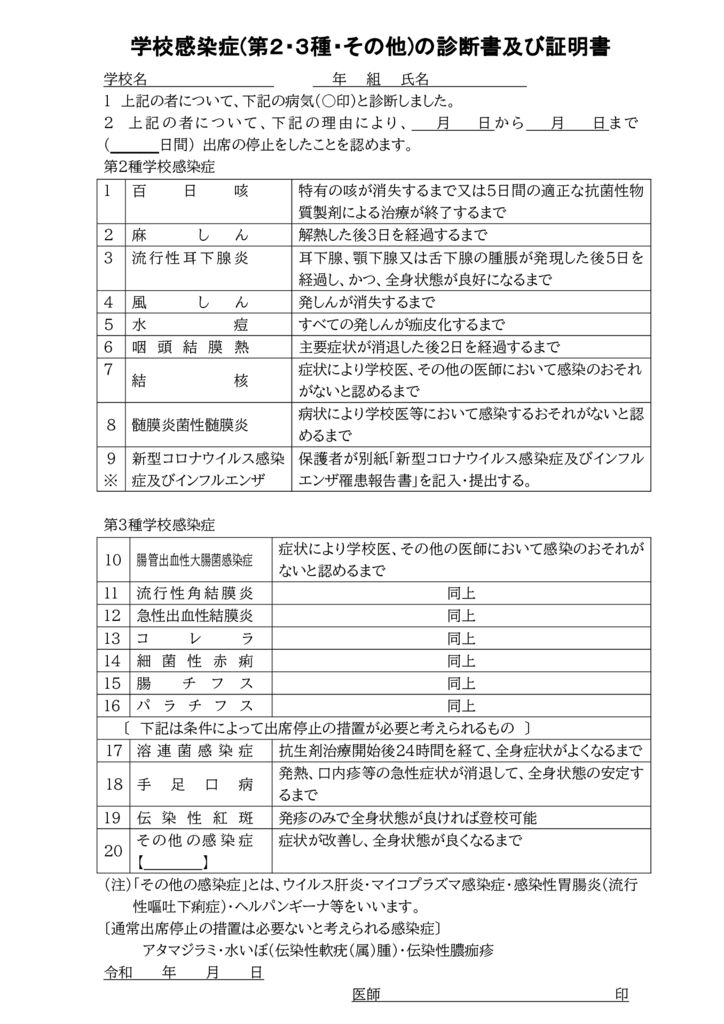 出席停止用紙(新型コロナ・インフルエンザ以外用)【医療機関で記入してもらってください】のサムネイル