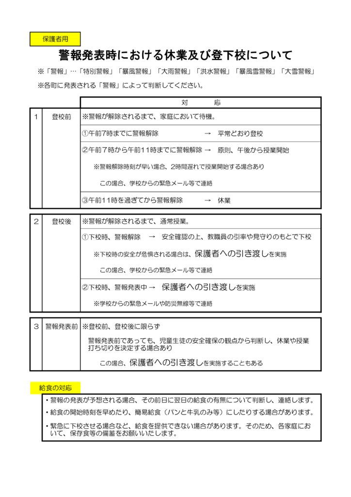 1_警報発表時における休業及び登下校について（保護者用）のサムネイル