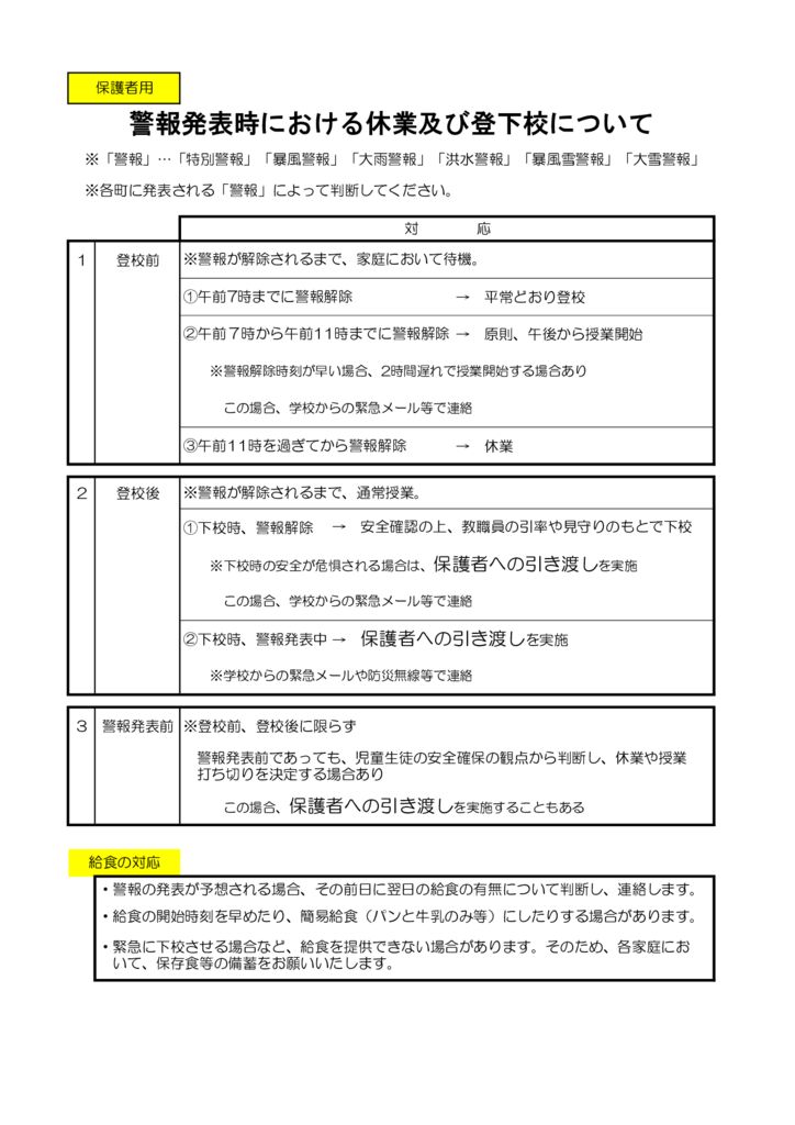 1_警報発表時における休業及び登下校についてのサムネイル
